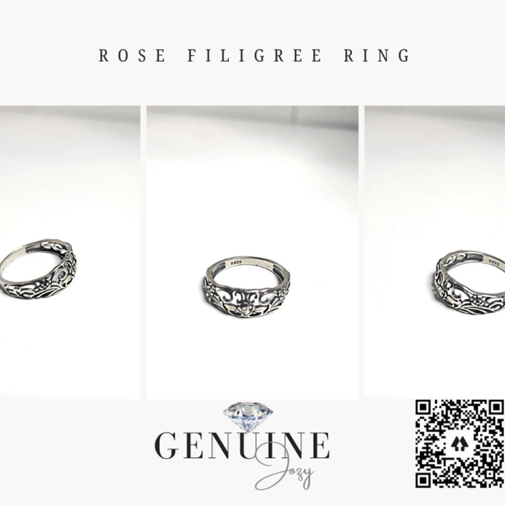 Dainty Vintage Rose Filigree Sterling Silver Ring
